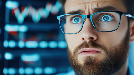 a distressed man with glasses looks concerned while analyzing stock market data on screen. His expression reflects stress of financial decisions