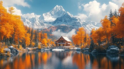Obraz premium Autumnal mountain cabin reflection.