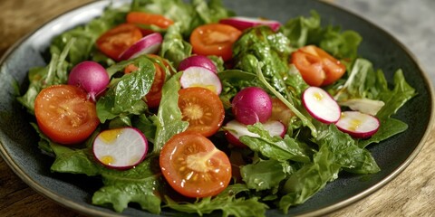Freshly made mixed greens salad with tomatoes and radishes, garnished on a dark plate. The dish is colorful and appears to be ready to eat.