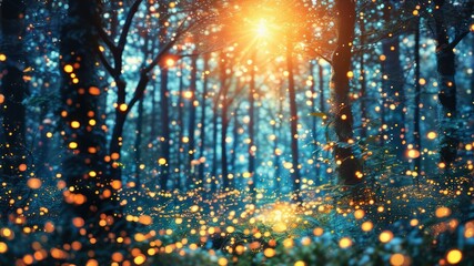 Naklejka premium Enchanting forest scene with glowing lights, creating a magical atmosphere of tranquility and natural beauty