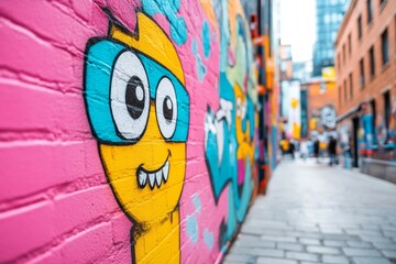 An urban alleyway covered in graffiti art, with vibrant colors and intricate designs lining the brick walls