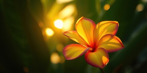 A single, delicate flower bathed in the warm glow of the setting sun, its petals a vibrant tapestry of yellow and red, capturing the beauty of nature's fleeting moment.