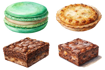 Colorful dessert illustrations, watercolor style, macarons, pie, brownies, sweet treats, gourmet pastries.
