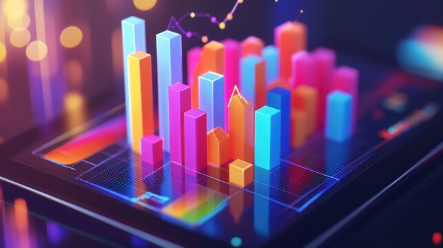 Colorful 3D bar chart and graphs on a tablet, illustrating financial growth and data analysis.