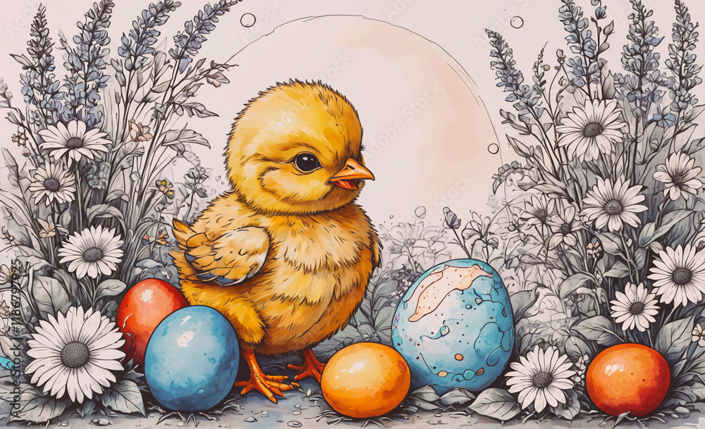 Poster yellow chick standing in front of a bunch of eggs. the eggs are in different colors and sizes
