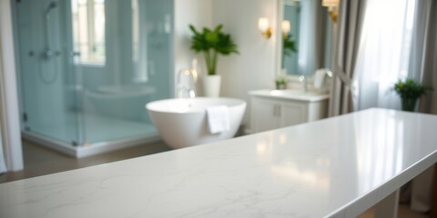 Empty countertop with a blurred background of a modern bathroom with a shower, bathtub, and vanity