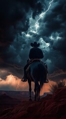 Lone cowboy riding horseback through Monument Valley, facing a dramatic lightning storm that illuminates the dark, moody sky