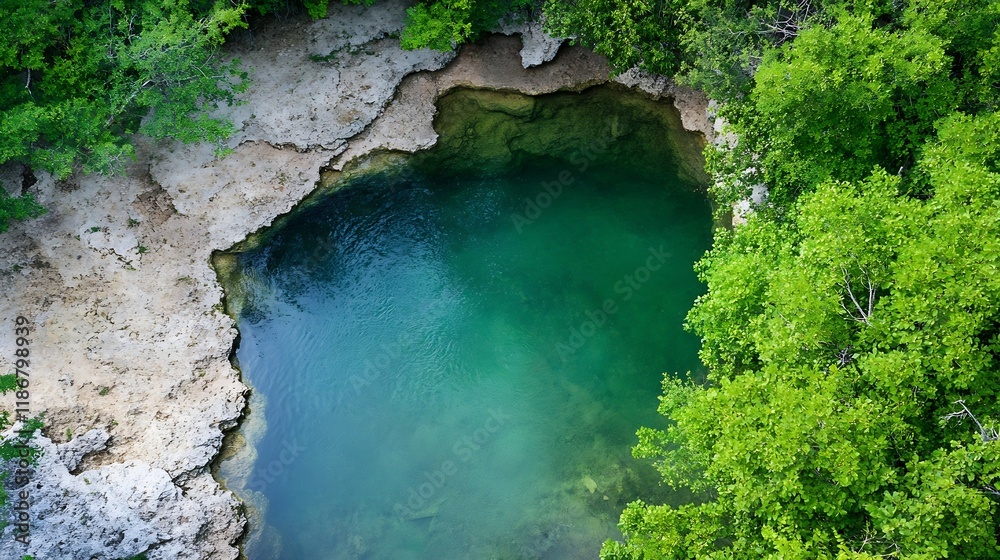 Aufkleber aerial view of pristine turquoise sinkhole surrounded by lush greenery in tropical nature setting : 