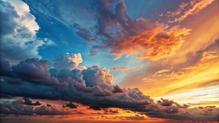 Fototapeta premium Fiery Sunset Cloudscape Dramatic Cumulus and Stratus Composition,Orange and Blue Hues,Nature Photography, Clouds, Sunset