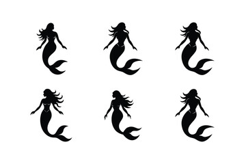 Set of Mermaid Icon Silhouette on White Background