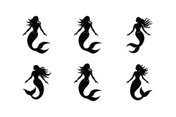 Set of Mermaid Icon Silhouette on White Background