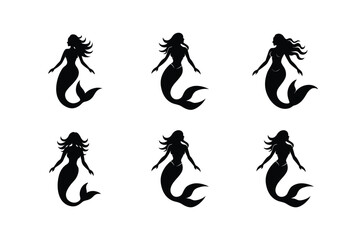 Set of Mermaid Icon Silhouette on White Background