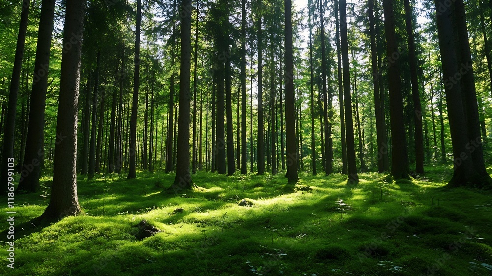 Poster Lush Green Forest with Tall Trees and Sunlight Streaming Through the Canopy Creating a Serene Atmosphere : Generative AI