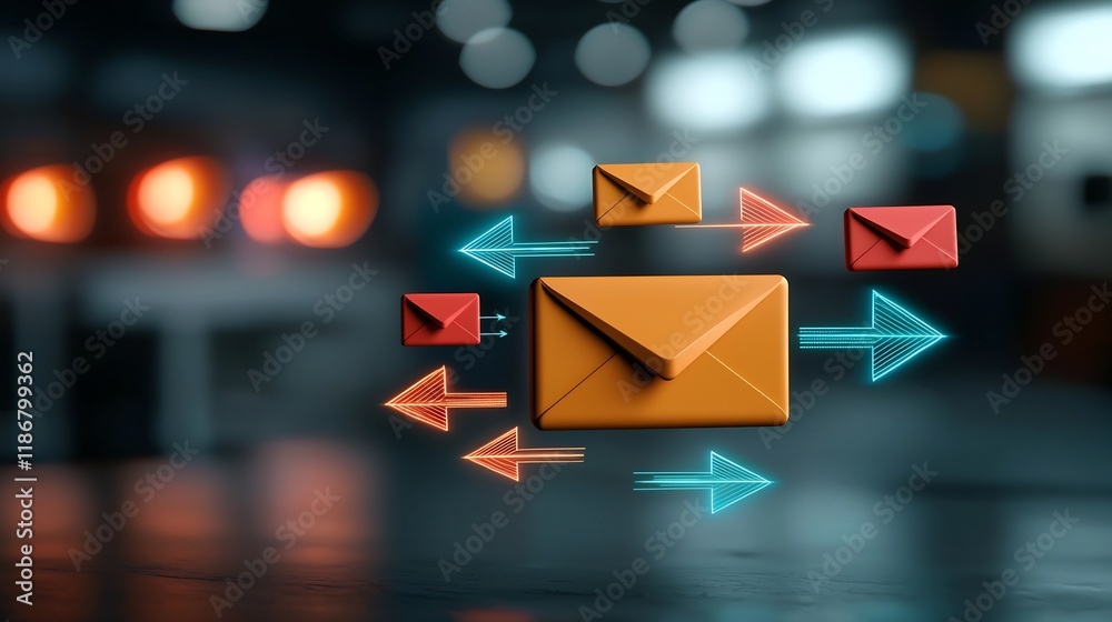 Poster freehand user interface elements like arrows and mail envelope symbols representing global digital c
