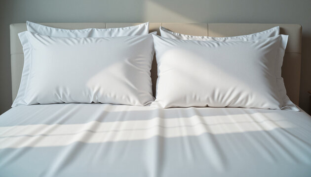 Clean and soft anti-allergy bedding with pillows and sheets illuminated by natural sunlight