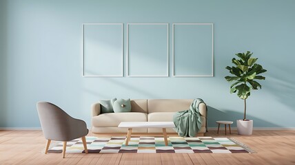 Obraz premium Modern living room interior design, pastel blue walls, beige sofa, armchair, rug, fiddle leaf fig. Ideal for home decor websites