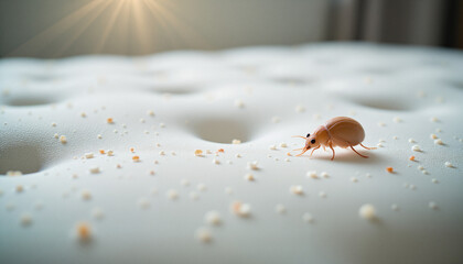 Close-up of mattress surface revealing dust mites and particles in soft natural lighting
