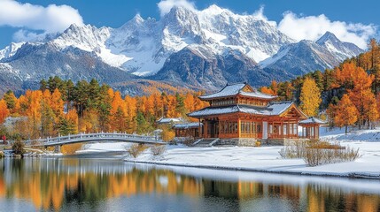 Fototapeta premium Autumnal mountain lake scene with a traditional building.