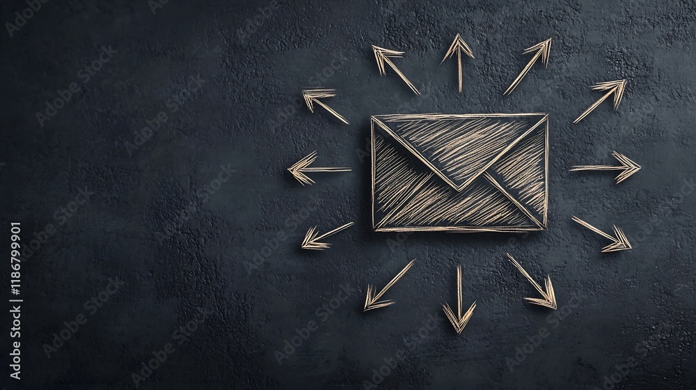 Poster conceptual digital networking depicting a freehand sketched envelope icon surrounded by an array of 