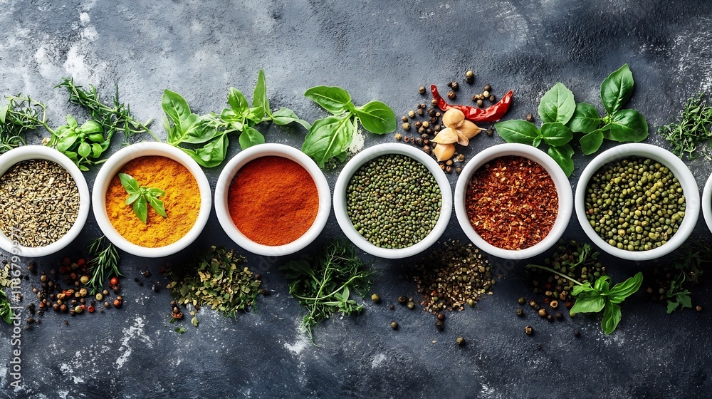 Poster colorful assortment of spices in bowls with herbs on dark background : generative ai