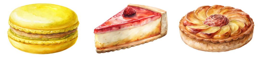 Colorful dessert illustrations, watercolor style, macarons, cheesecake slice, fruit tart, sweet treats, bakery art.