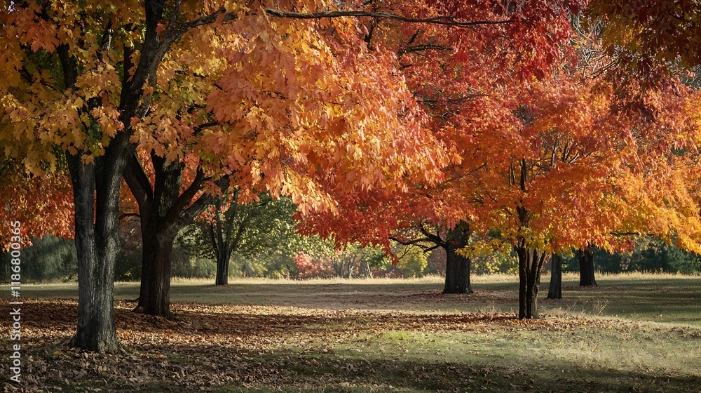Poster scenic autumn park with colorful trees and fallen leaves at sunset : generative ai