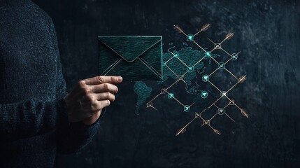Freehand sketch of a person holding a mail envelope with intersecting arrows showcasing a worldwide social network concept set against a dark moody background rendered in a clean