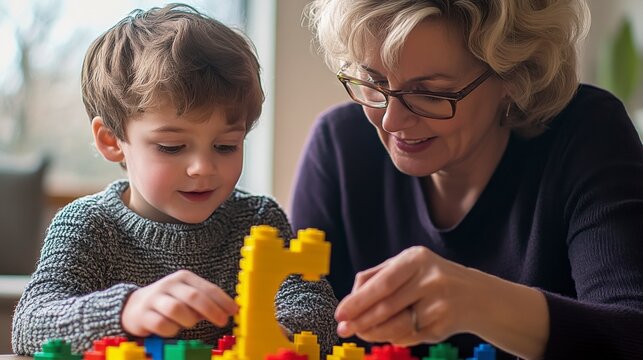 Generational Love: A heartwarming image captures the tender bond between a grandmother and her grandson as they engage in a playful building activity.