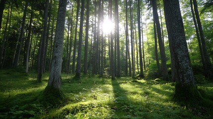 Naklejka premium Serene Forest with Sunlight Filtering Through Tall Trees and Greenery : Generative AI