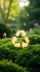 A luminous green ecosystem featuring floating flora and symbols of sustainable living showcases harmonious coexistence of nature and advanced tech under a warm sunlit sky