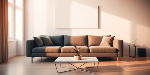 A modern living room with a beige sofa, a coffee table, and a blank canvas on the wall in the background. The room is filled with natural light, creating a warm and inviting atmosphere.
