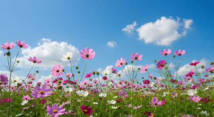 A backdrop of cosmos flowers set against a clear blue sky.