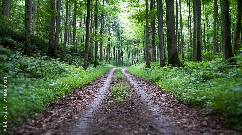 Poster tranquil forest pathway surrounded by tall lush green trees : generative ai