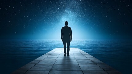Serene Night Sky with Deep Blue Ocean and Silhouette of a Figure