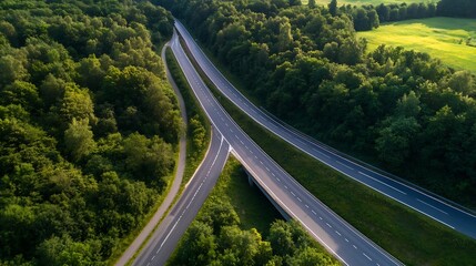 Aerial view of lush green forest with intersecting highway roads in serene setting : Generative AI