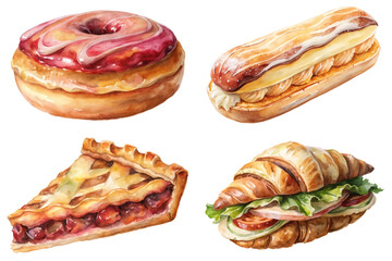 Colorful dessert illustrations, watercolor style, sweet pastries, delicious treats, bakery items, artistic food design.