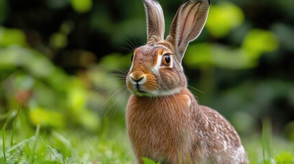 Brown and white rabbit is standing in a grassy field. The rabbit is looking directly at the camera, and its ears are perked up. The scene is peaceful and serene