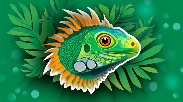 Vibrant green iguana portrait, surrounded by lush tropical foliage.  Detailed illustration.