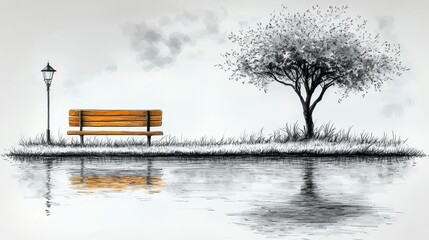 Obraz premium Peaceful park scene bench, tree, lamppost reflected in calm water.