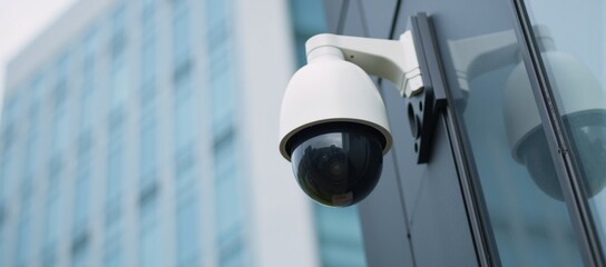 A modern surveillance camera is positioned atop a structure building