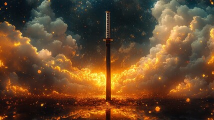 Katana in Fiery Celestial Landscape.