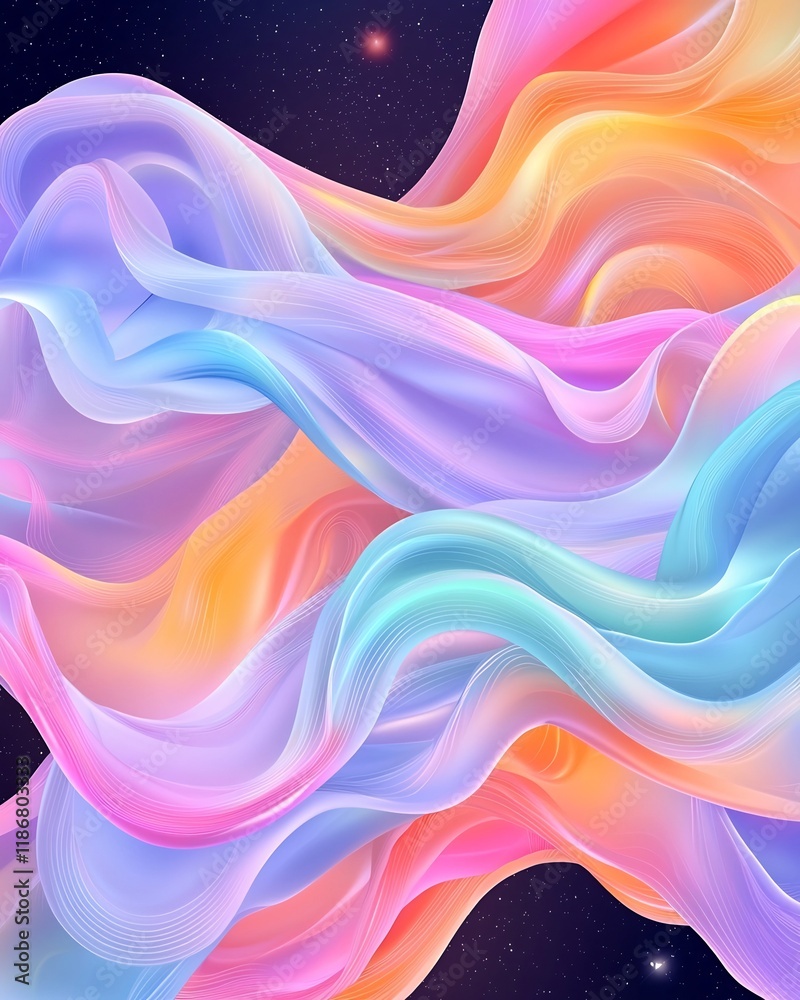 Poster vibrant dynamic iridescent wavy shapes in a fantastical celestial composition amorphous luminescent 