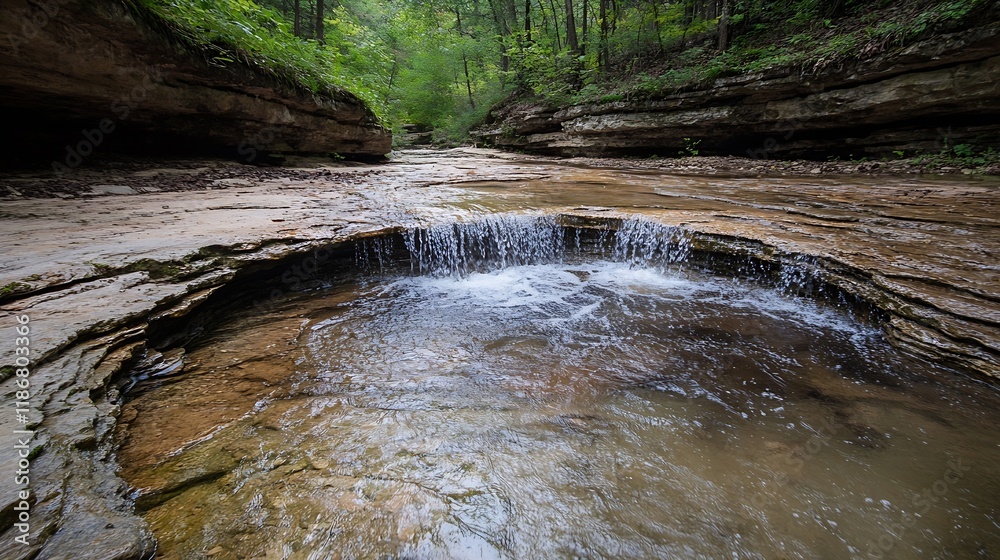 Poster tranquil forest creek with natural rock formation and gentle flowing water in lush green environment