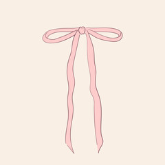 Cute pink bow clipart. Coquette and balletcore girly decoration. Line art silk ribbon accessory. Vintage fashion element in pastel color. Vector illustration