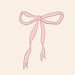 Cute pink bow clipart in line art style. Coquette and balletcore girly decoration. Hand drawn silk ribbon accessory. Vintage fashion element in pastel color. Vector illustration