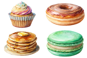 Colorful dessert illustrations, watercolor style, sweet treats, cupcakes and donuts, pancakes with syrup, macarons.