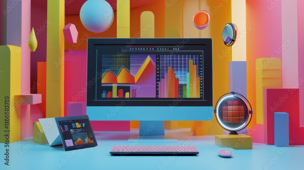 Poster a colorful, 3d illustration depicting a computer screen with charts and graphs, emphasizing data ana