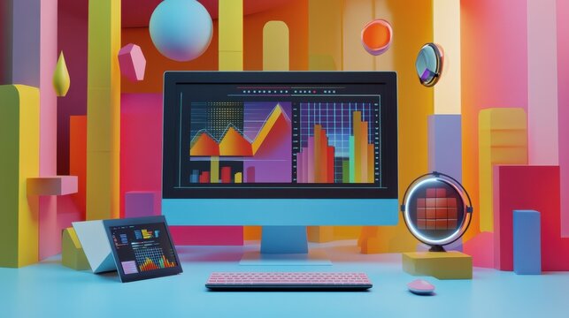 A colorful, 3D illustration depicting a computer screen with charts and graphs, emphasizing data analysis and marketing statistics. illustration