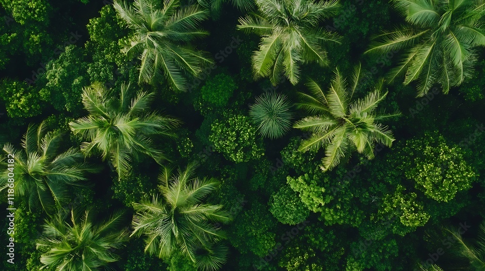Aufkleber aerial view of lush tropical palm tree canopy in dense forest jungle : generative ai
