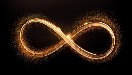 gold infinity symbol made of glowing particles on a black background design